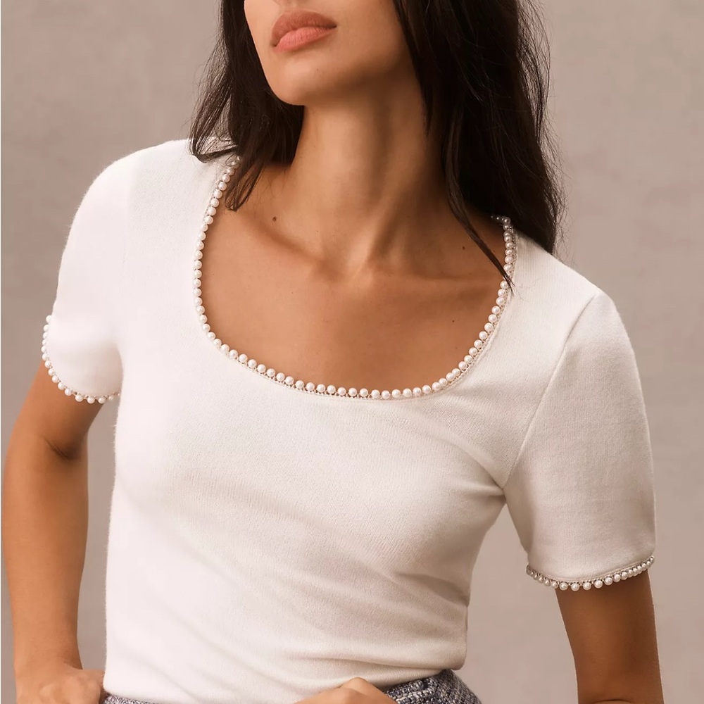 Anthropologie Canapé White Pearl-Embellished Short Sleeve sweater NWT size S $50